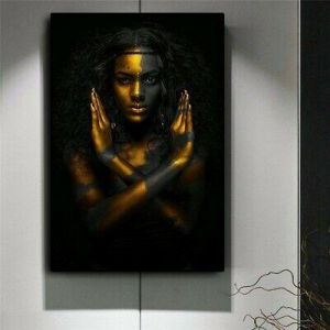 אביב לייף סטייל תמונות לסלון Black Hand Gold Lip Nude Oil Painting Canvas Poster African Woman Wall Art
