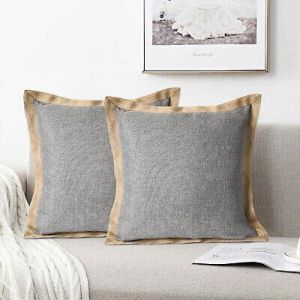 HIG Set of 2 Throw Pillow Covers Farmhouse Burlap Trimmed Cushion Cover 20 X 20