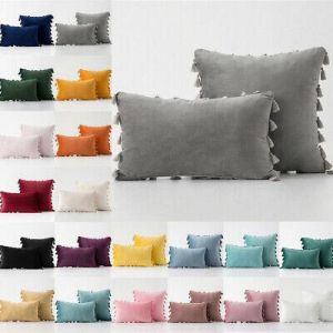 Velvet Plain Tassels Soft Cushion Cover Pillow Case Sofa Waist Throw Home Decor