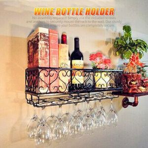 Wine Rack Wall Mounted Wine Bottle Holder Holds 5 Wine and Stemware Glasses, Kit